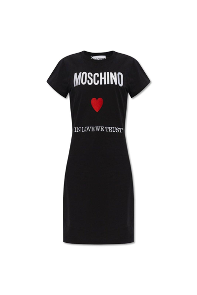 Shop Moschino Logo Embroidered Crewneck Mini Dress