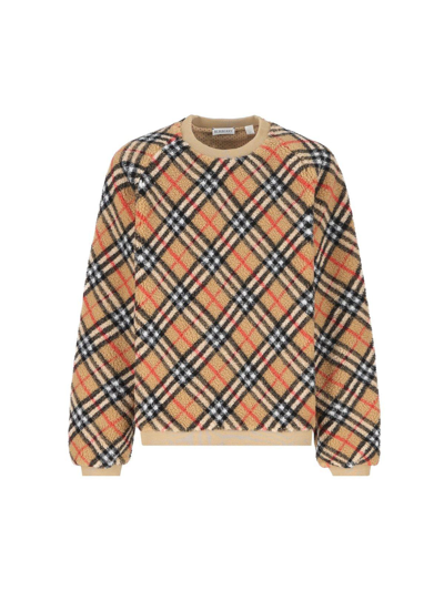 Shop Burberry Checked Crewneck Fleece Sweatshirt
