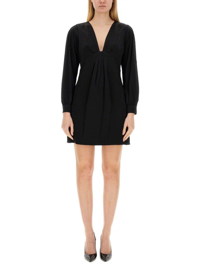 Shop Michael Michael Kors V-neck Long-sleeved Dress In Black