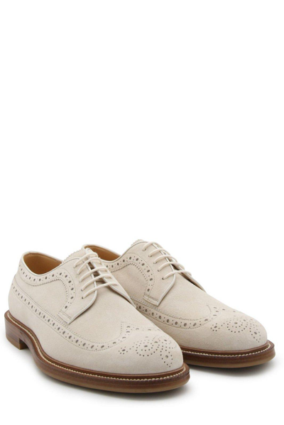 Brunello Cucinelli Perforated-embellished Suede Derby Shoes In White
