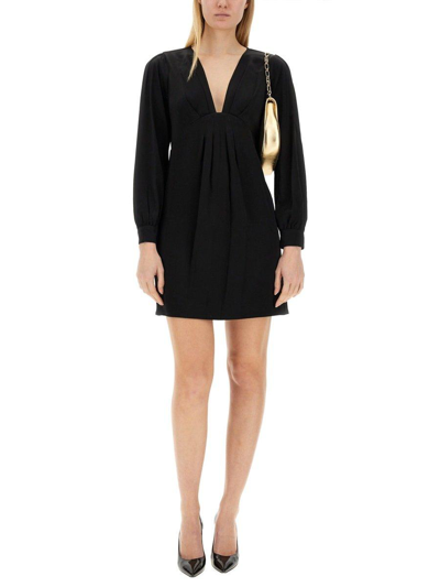 Shop Michael Michael Kors V-neck Long-sleeved Dress In Black