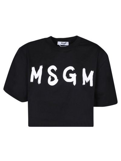 Shop Msgm Logo Printed Crewneck Cropped T-shirt In Black