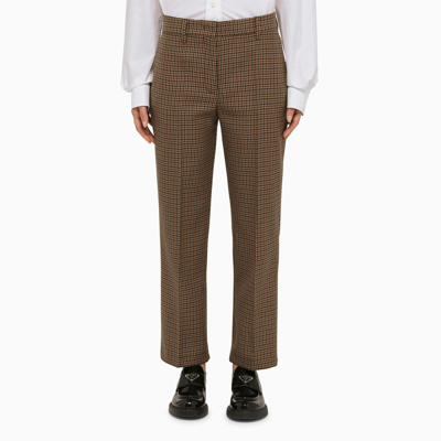 Shop Prada Beige Wool Check Trousers In Brown