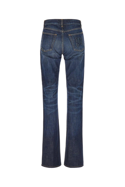 Shop Palm Angels Logo-embroidered Whiskering Effect Jeans In Blue Blue