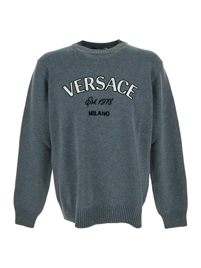 Shop Versace Wool Knitwear In Charcoal Melange
