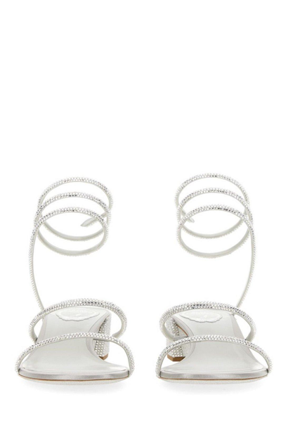 Shop René Caovilla Cleo Embellished Spiral-bound Design Sandals In Grey Satin/c.silver Shade Strass