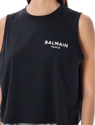 Shop Balmain Flocked Logo Tank Top In Eab Noir Blanc