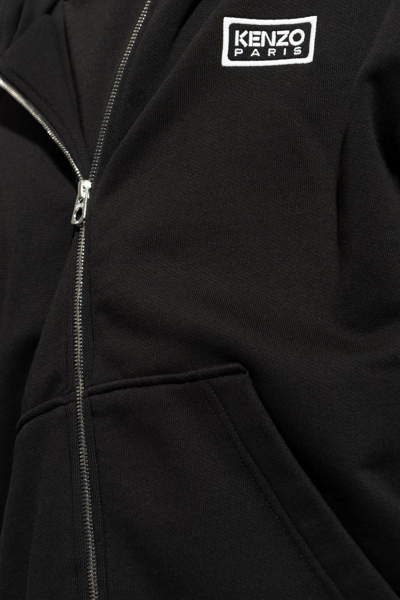 Shop Kenzo Logo Embroidered Zip Up Hoodie Fleece In Black