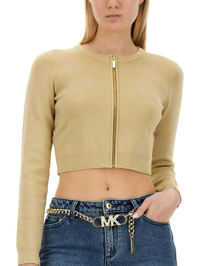 Shop Michael Kors Metallic Knitted Cardigan In Gold