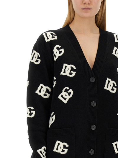 Shop Dolce & Gabbana All-over Logo Intarsia V-neck Cardigan In Nero Bianco