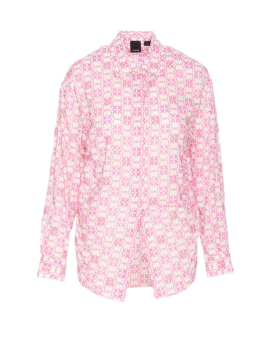 Shop Pinko Logo Printed Embellished Buttoned Shirt In Bianco E Rosa