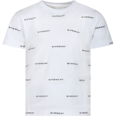 Shop Givenchy White T-shirt For Boy With All-over Logo In Bianco E Nero