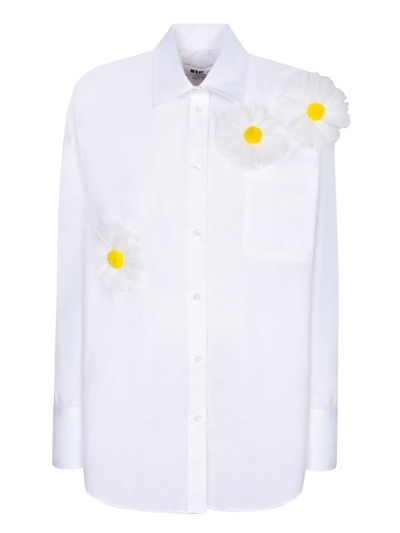 Shop Msgm Daisy Detailed Long Sleeved Buttoned Shirt In Bianco