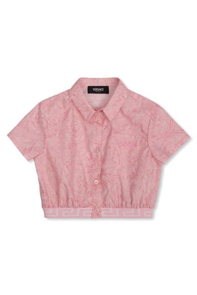 Shop Versace Barocco Short-sleeved Cropped Shirt In Rosa