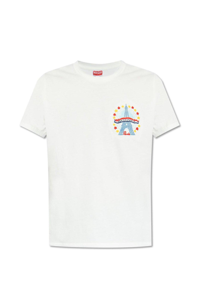 Shop Kenzo Logo Embroidered Crewneck T-shirt In Blanc Casse