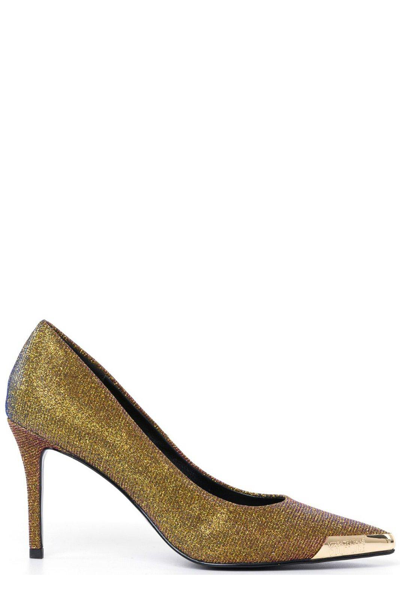 Shop Versace Jeans Couture Pointed-toe Glittered Pumps In Gold