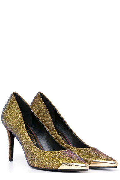 Shop Versace Jeans Couture Pointed-toe Glittered Pumps In Gold