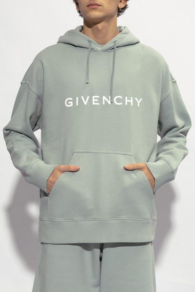 Shop Givenchy Logo Print Drawstring Hoodie In Navy