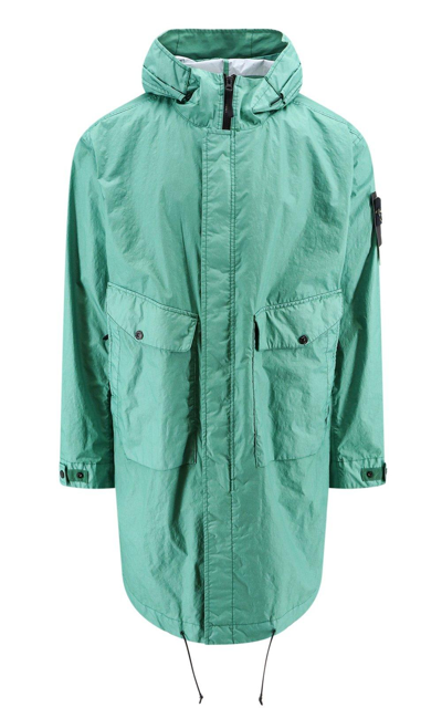 Shop Stone Island Logo Patch Drawstring-hooded Raincoat In Green