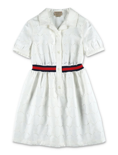 Shop Gucci Kids Allover Logo Embroidered Shirt Dress In White