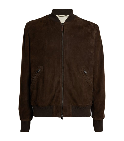 Shop Canali Suede Bomber Jacket In Brown