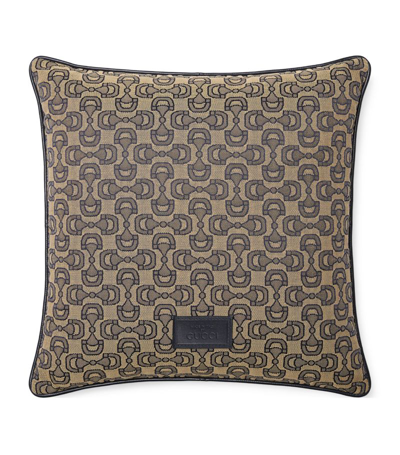 Shop Gucci Cotton Horsebit Jacquard Cushion In Brown