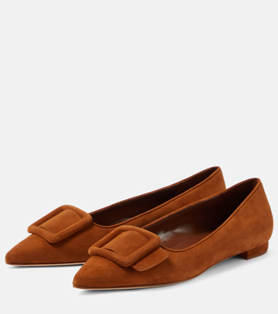 Shop Manolo Blahnik Maysale Suede Ballet Flats In Brown