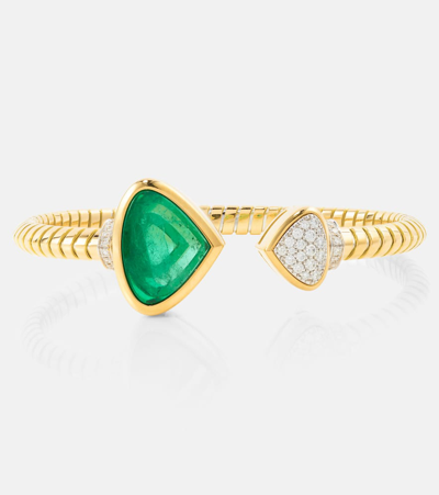 Shop Marina B Trisolina 18kt Gold Cuff Bracelet With Diamonds And Emerald