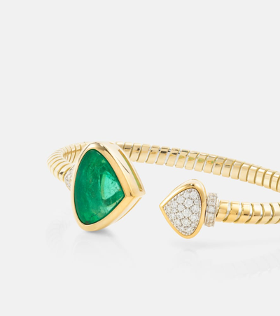 Shop Marina B Trisolina 18kt Gold Cuff Bracelet With Diamonds And Emerald