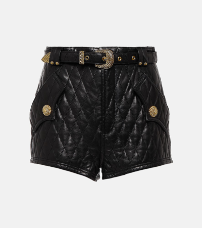 Shop Balmain Quilted Leather Shorts In Black