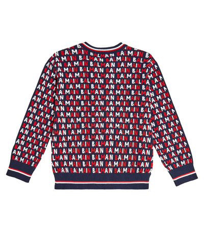 Shop Balmain Monogram Crewneck Cotton Sweater In Blue