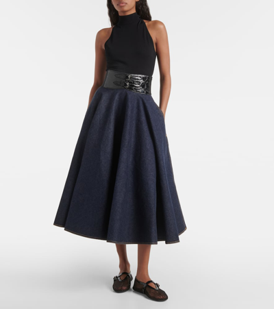 Shop Alaïa Denim Midi Skirt In Blue