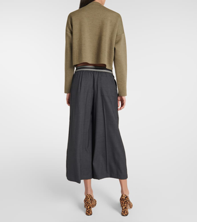 Loewe Women's Crop Logo Band Wide-leg Trousers In Grey
