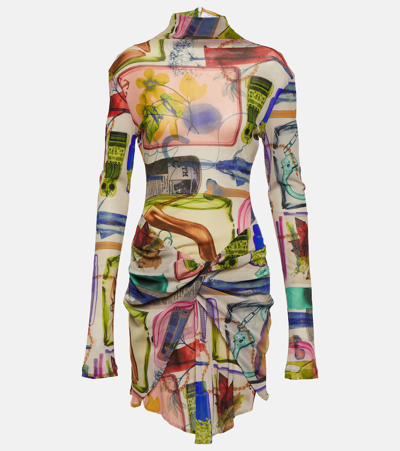 Shop Off-white Printed Turtleneck Tulle Minidress In Multicoloured