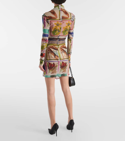 Shop Off-white Printed Turtleneck Tulle Minidress In Multicoloured