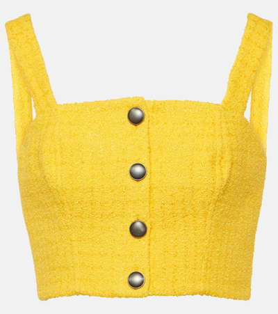 Shop Alessandra Rich Embellished Tweed Crop Top In Yellow