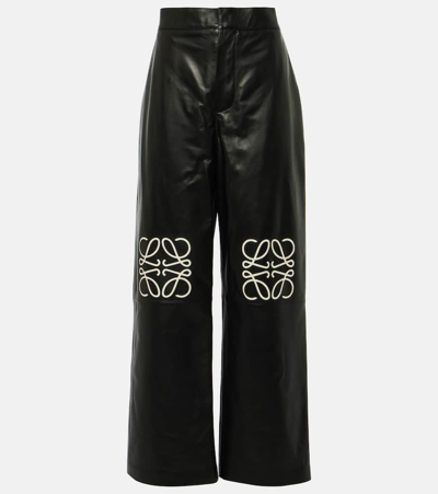 Shop Loewe Anagram Leather Wide-leg Pants In Black