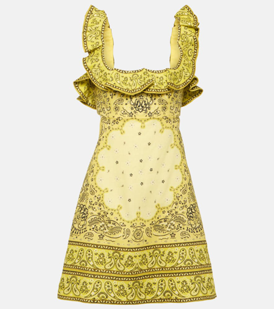 Zimmermann Matchmaker Cutout Ruffled Printed Linen Mini Dress In Yellow
