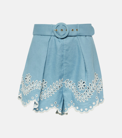 Shop Zimmermann Junie Embroidered High-rise Linen Shorts In Blue