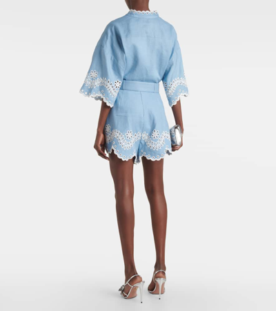 Shop Zimmermann Junie Embroidered High-rise Linen Shorts In Blue