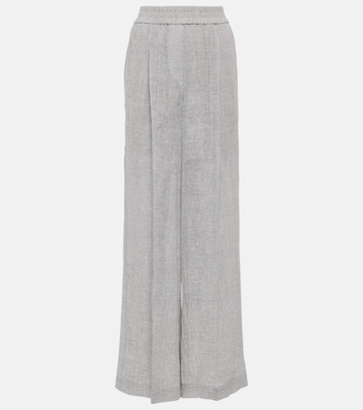 Shop Brunello Cucinelli Low-rise Linen-blend Wide-leg Sweatpants In Grey