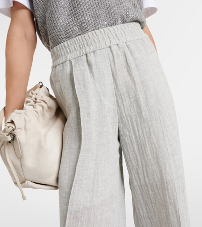 Shop Brunello Cucinelli Low-rise Linen-blend Wide-leg Sweatpants In Grey