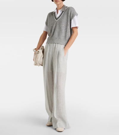 Shop Brunello Cucinelli Low-rise Linen-blend Wide-leg Sweatpants In Grey