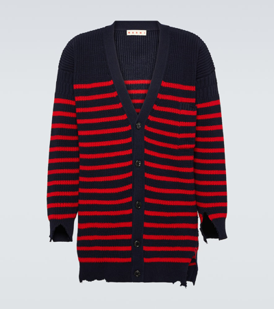 Marni Distressed Striped Knit Cardigan In Blue