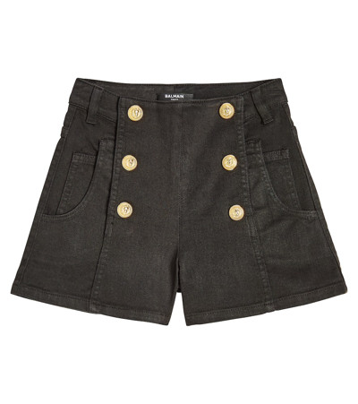 Shop Balmain Button-embellished Cotton-blend Shorts In Black