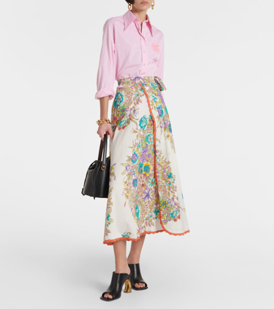 Shop Etro Floral Cotton And Silk Midi Skirt In Multicoloured