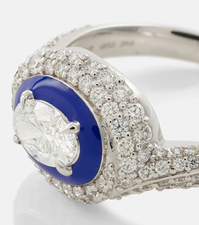 Shop Kamyen Oval 18kt White Gold Ring With Diamonds And Enamel In Metallic