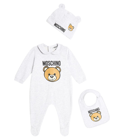Shop Moschino Baby Cotton Jersey Playsuit, Beanie, And Bib Set In Grey