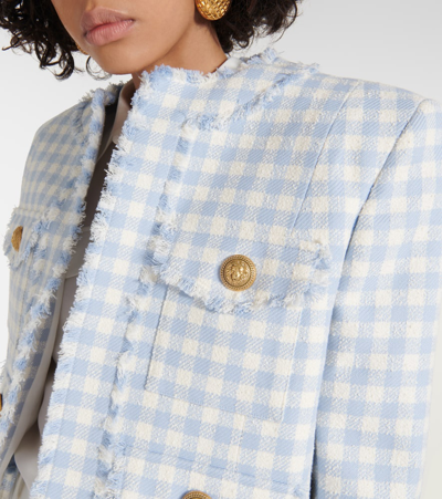 Balmain Blue Plaid Cropped Tweed Jacket
