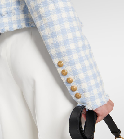 Balmain Blue Plaid Cropped Tweed Jacket